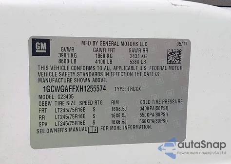 2017 Chevrolet Express 2500 Work Van из США, поврежденный, VIN 1GCWGAFFXH1255574